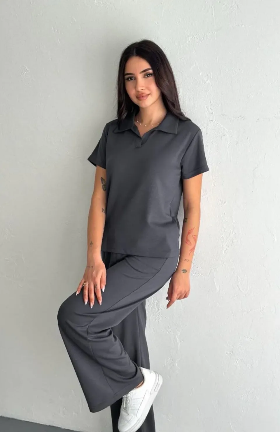 Osy Modal Yumuşak Dokulu Kumaş Kısa Kollu Yakalı T-shirt Pantalon ikili Takım- Antrasit