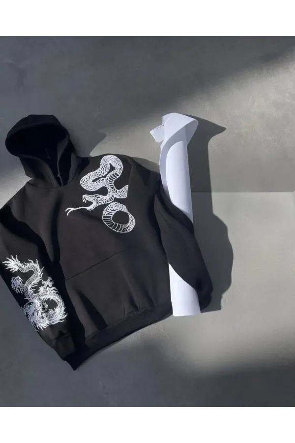 Uzun Kol Kapüşonlu Baskılı SweatShirt - Siyah
