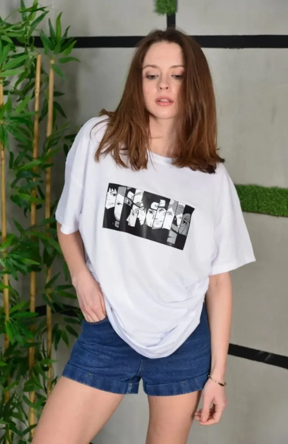 Unisex Bisiklet Yaka Baskılı Oversize T-Shirt - Beyaz