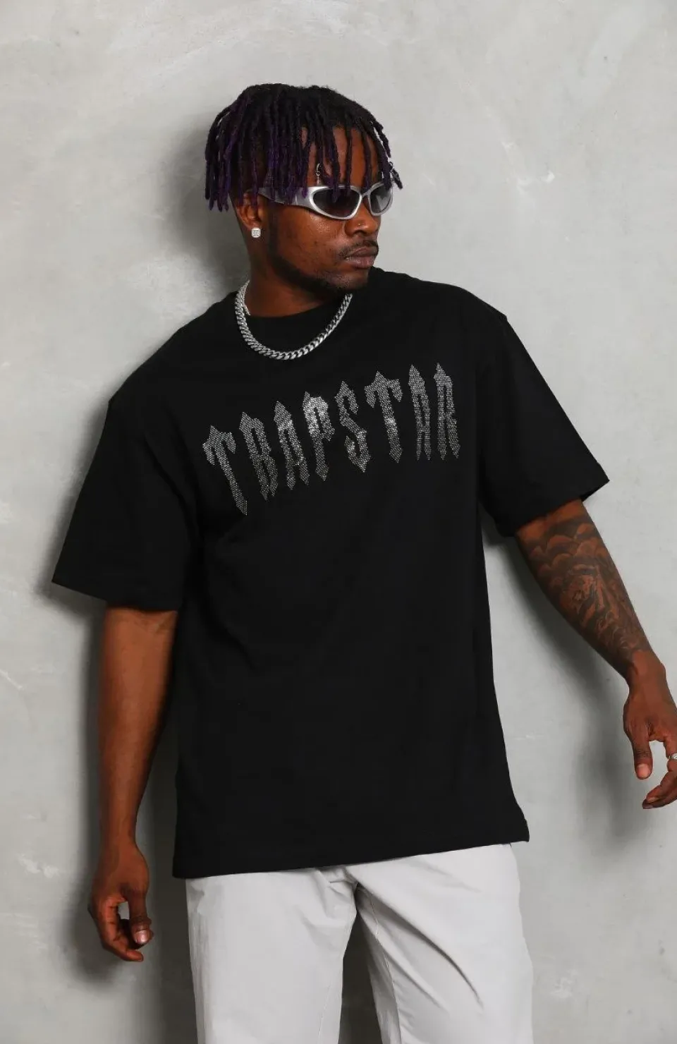 Unisex Oversize Taşlı Bisiklet Yaka T-Shirt - Siyah