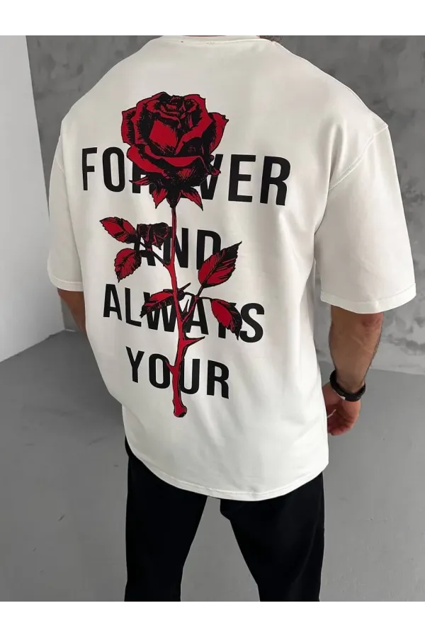 Unisex Bisiklet Yaka Baskılı Oversize T-Shirt - Beyaz