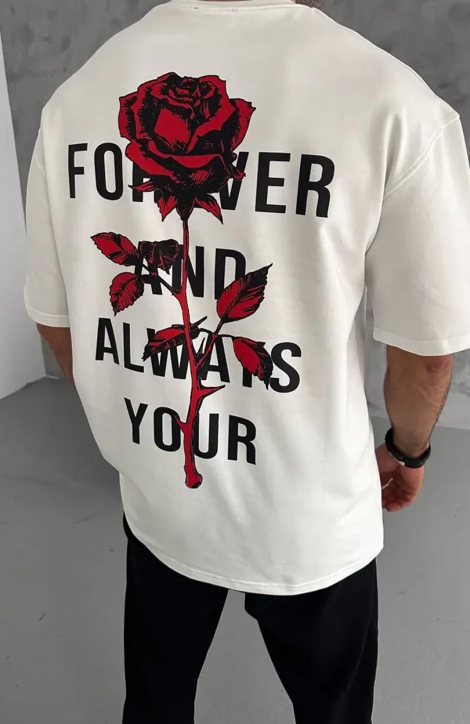 Unisex Bisiklet Yaka Baskılı Oversize T-Shirt - Beyaz