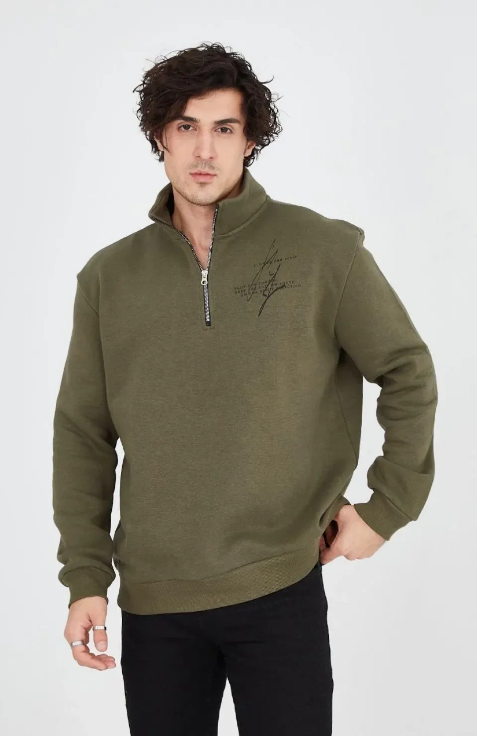 Erkek Yarım Fermuarlı Baskılı Sweat - Yeşil