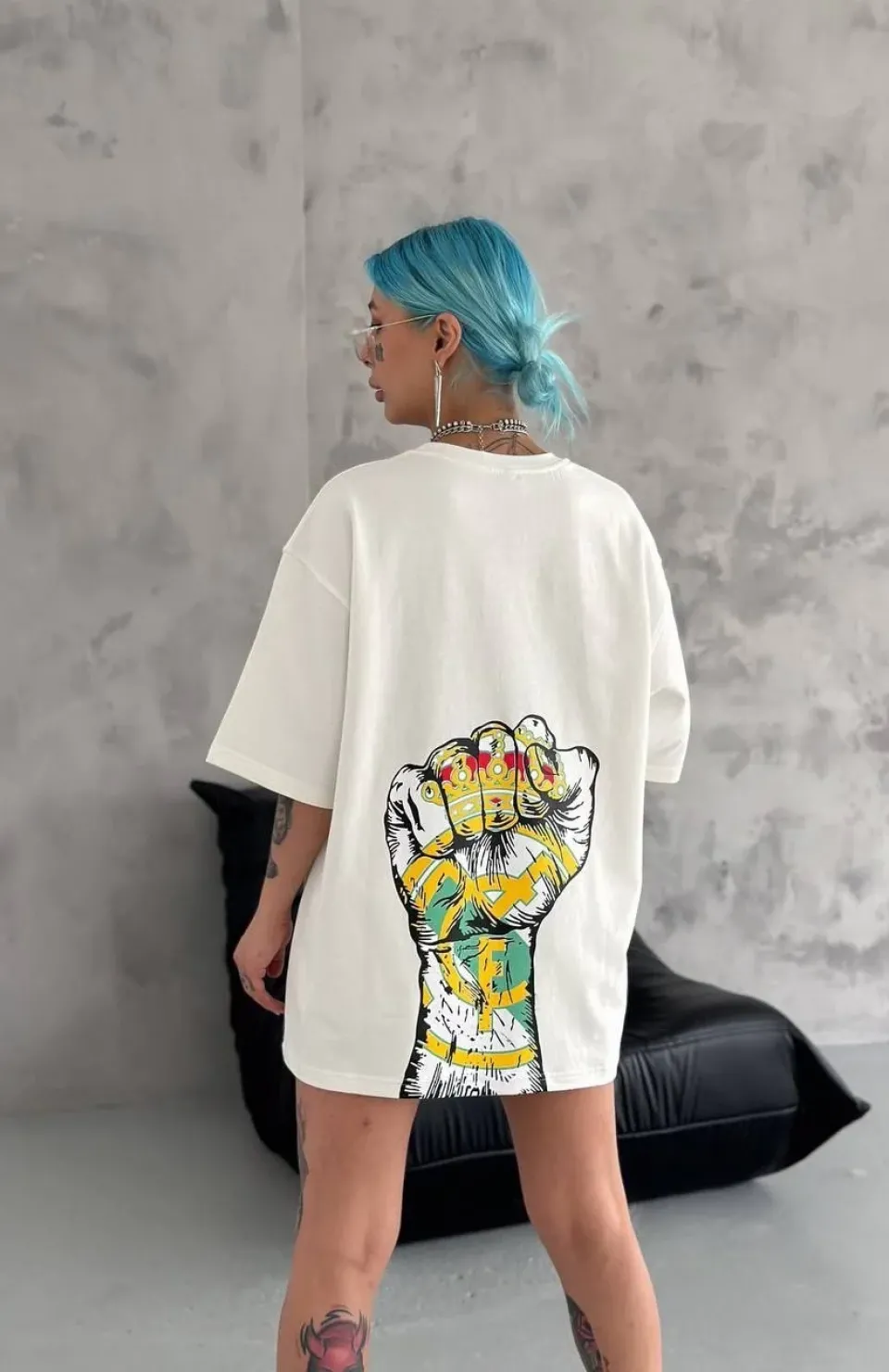 Unisex Bisiklet Yaka Baskılı Oversize T-Shirt - Beyaz