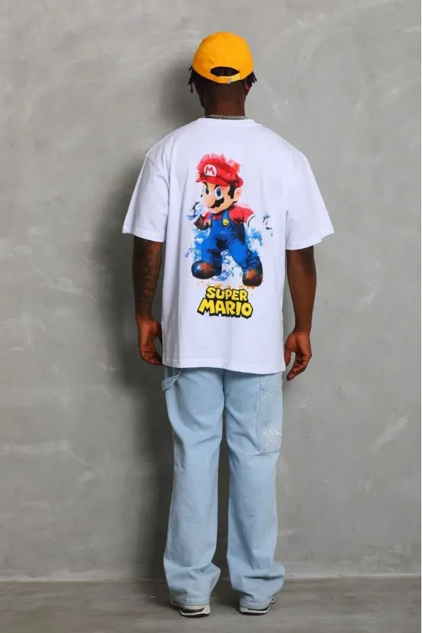 Unisex Oversize Baskılı Bisiklet Yaka T-Shirt - Beyaz