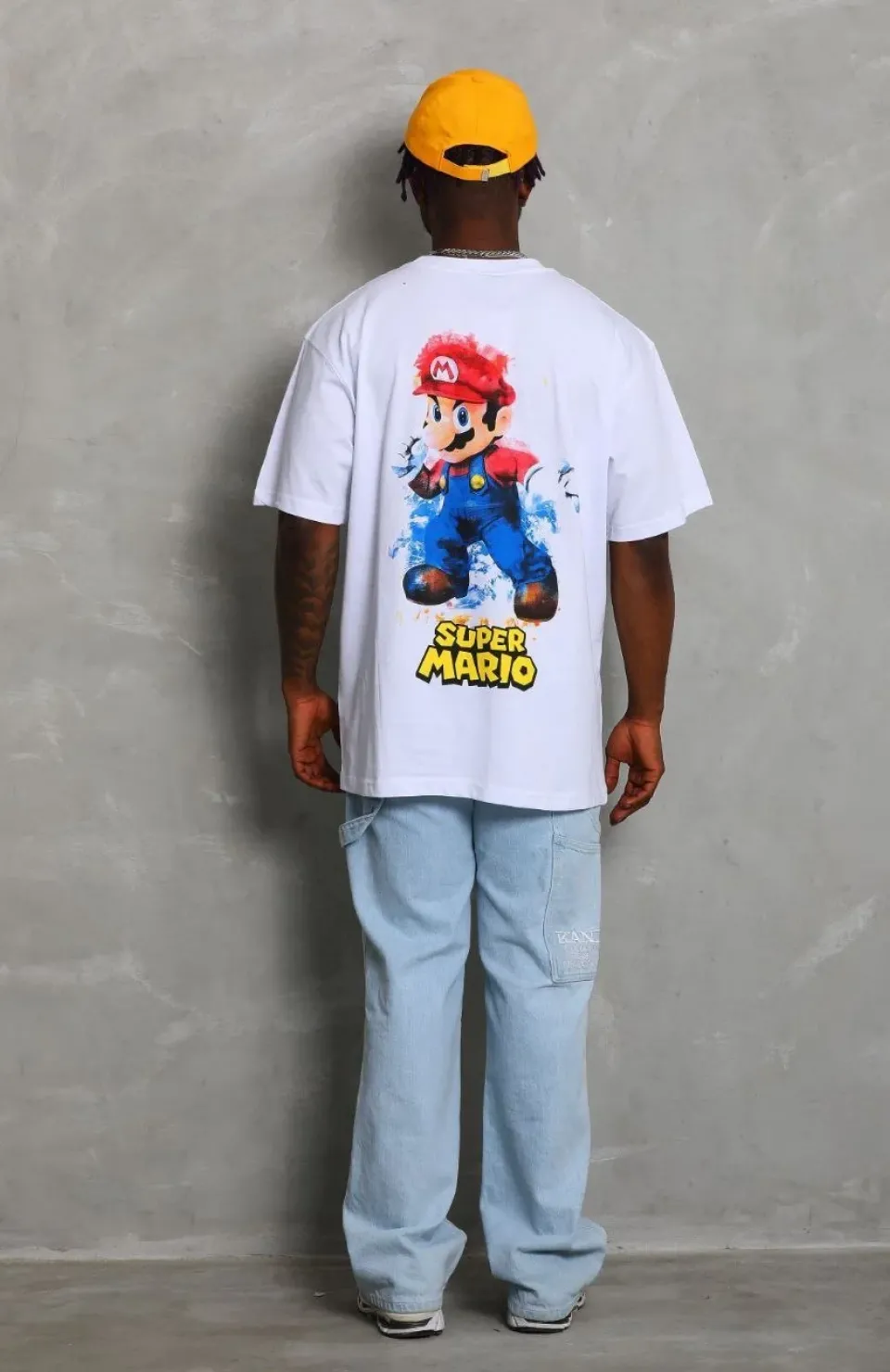 Unisex Oversize Baskılı Bisiklet Yaka T-Shirt - Beyaz