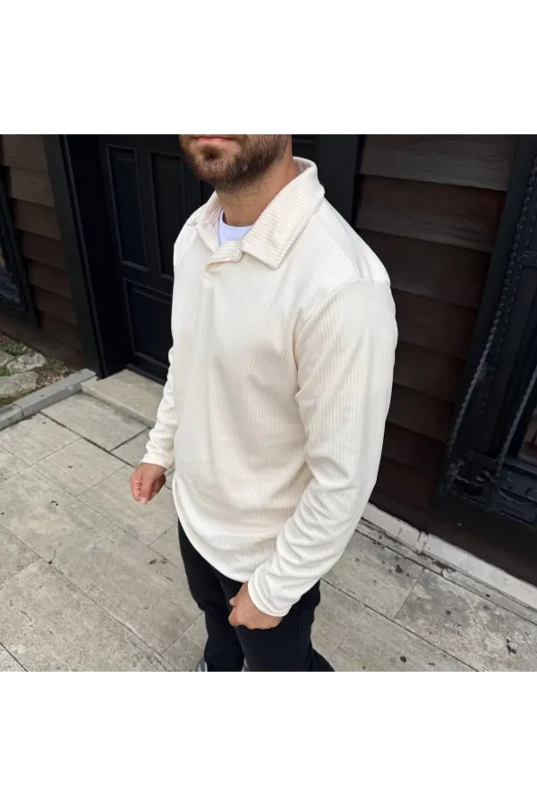 Erkek Fitilli Polar Sweatshirt – Düğmesiz Polo Yaka, Oversize Rahat Kalıp, Kalın Polar Kumaş, Kışlık ve Baharlık Şık Günlük Üst - Beyaz