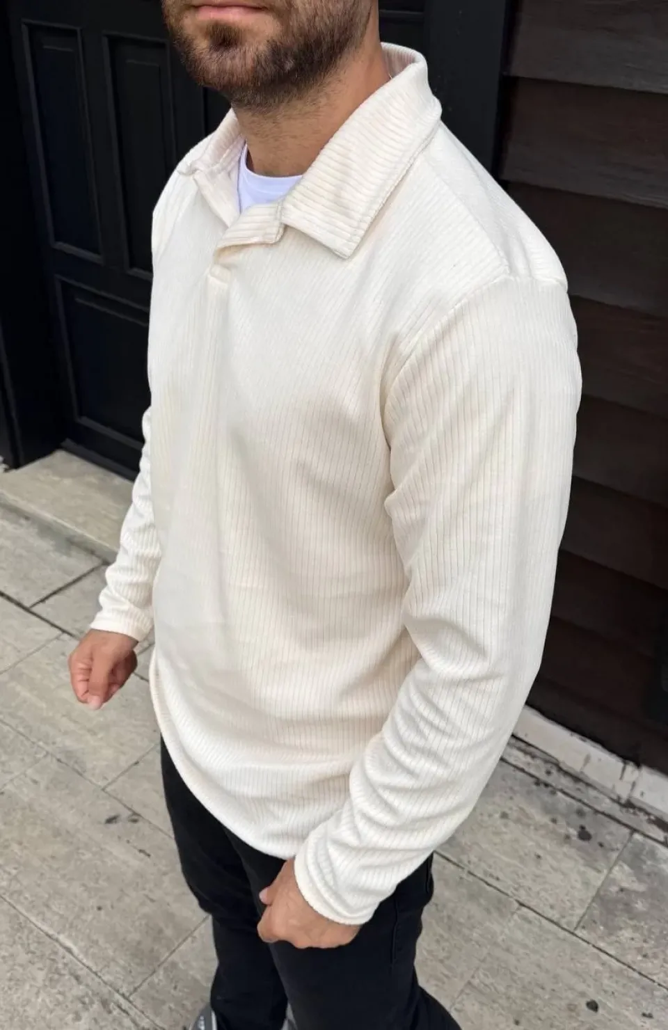 Erkek Fitilli Polar Sweatshirt – Düğmesiz Polo Yaka, Oversize Rahat Kalıp, Kalın Polar Kumaş, Kışlık ve Baharlık Şık Günlük Üst - Beyaz Somersan Giyim | Kadın, Erkek ve Çocuk Moda