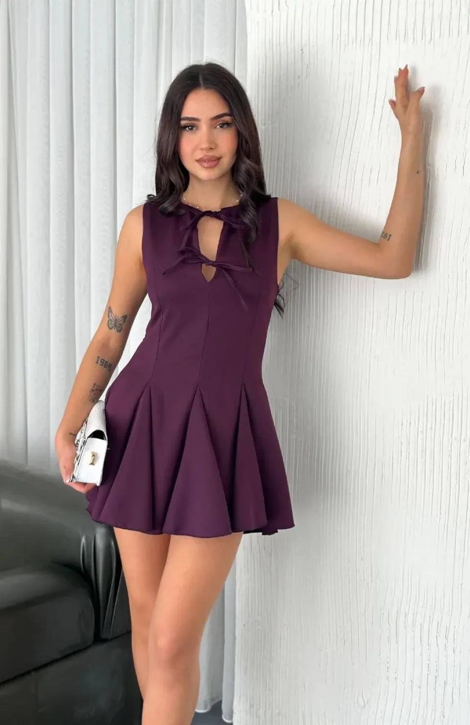 Göğüs Bağlamalı Kolsuz Mini Boy Elbise - Gül Kurusu