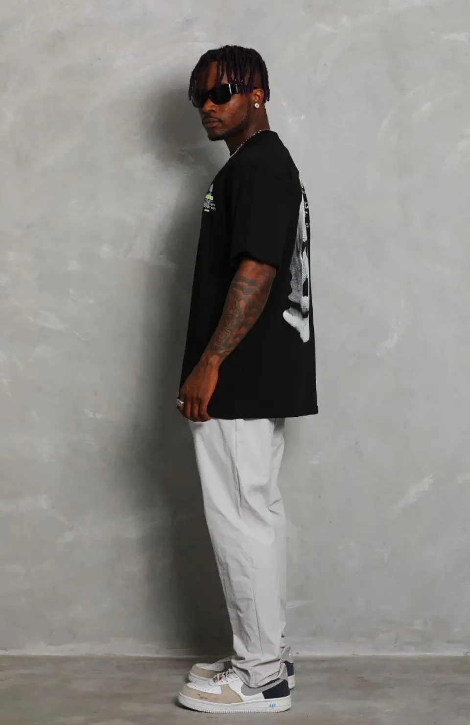 Unisex Oversize Baskılı Bisiklet Yaka T-Shirt - Siyah