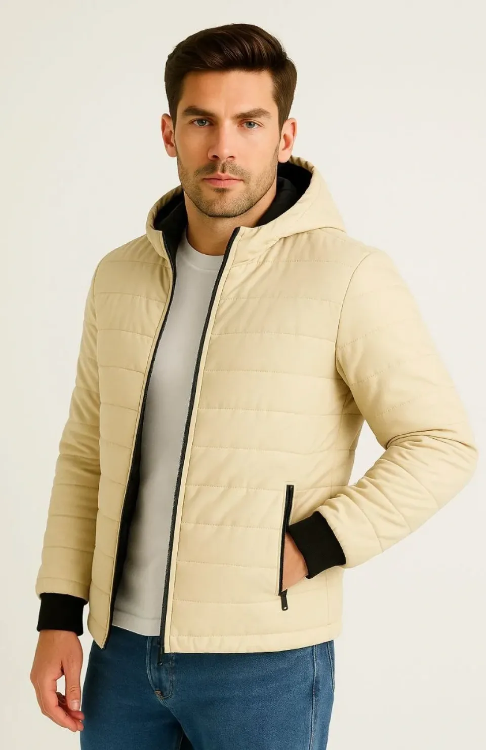 Erkek Şişme Kapüşonlu Fermuarlı Mont Su itici Kapitone Astarlı Kumaş Cepli Kışlık Rahat Kalıp - Bej Somersan Giyim | Kadın, Erkek ve Çocuk Moda