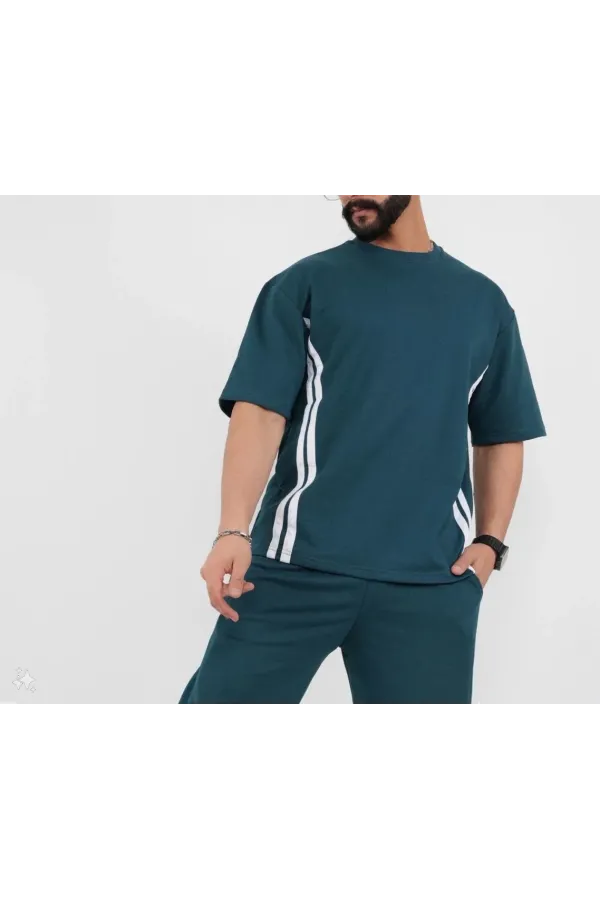 Unisex Oversize Yanları Şeritli T-Shirt - Cam Göbeği