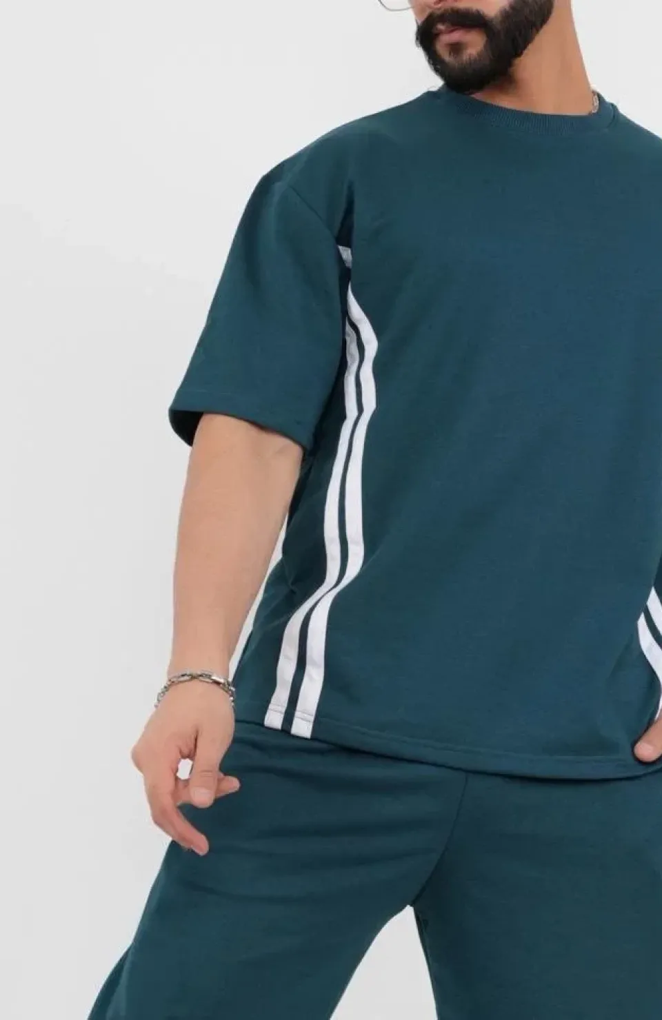 Unisex Oversize Yanları Şeritli T-Shirt - Cam Göbeği