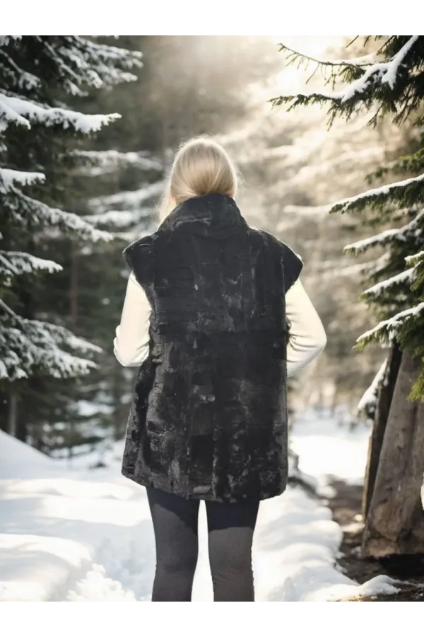 Kadın Kolsuz Hakiki Yelek - Siyah