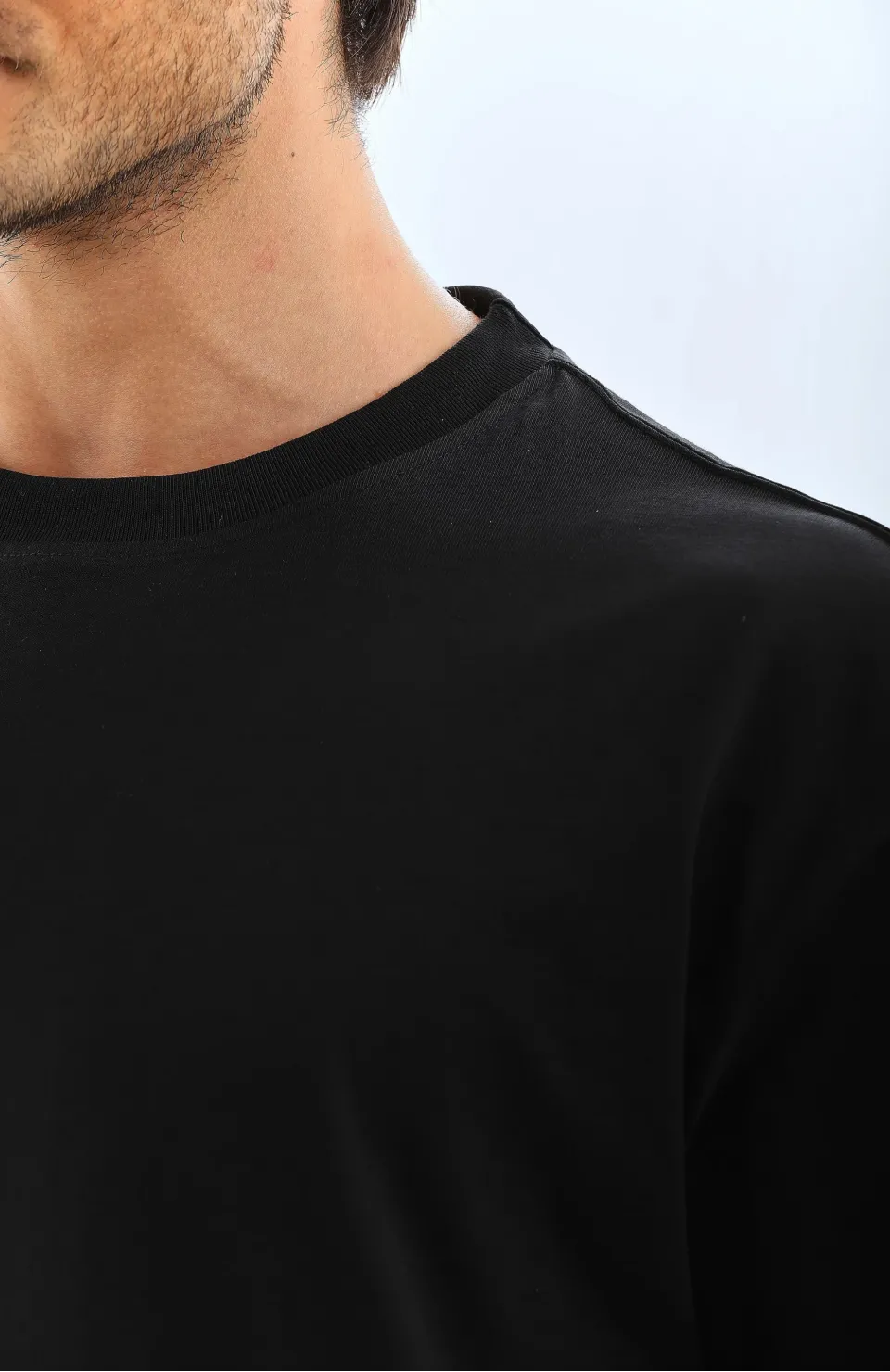 Unisex Oversize Düz Bisiklet Yaka T-Shirt - Siyah