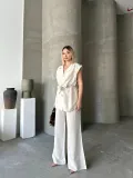 Keten Sıfır Kol Kuşaklı Ceket Pantolon ikili Takım - Beyaz