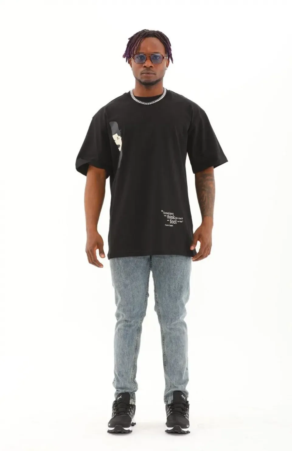 Unisex Oversize Baskılı Bisiklet Yaka T-Shirt - Siyah