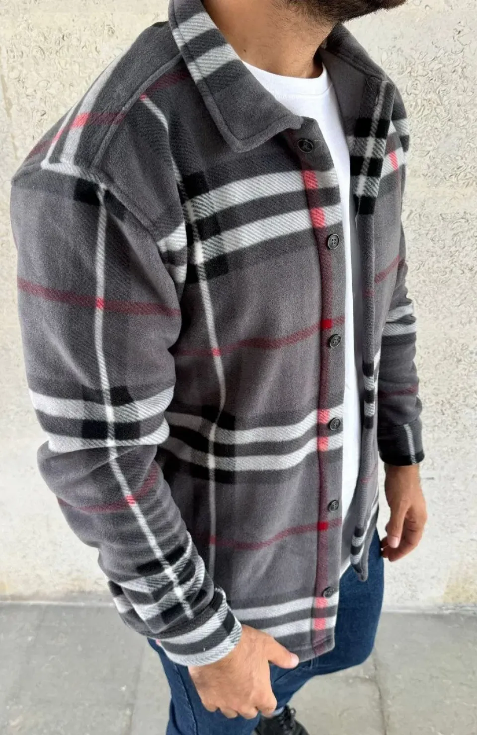 Erkek Ekose Desenli Düğmeli Polar Yakalı Uzun Kollu Gömlek Oversize Rahat Kalıp - Füme