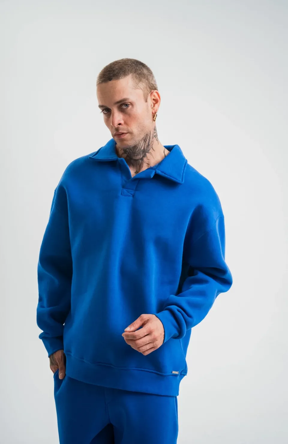 Unisex Double Oversize Patlı Yaka SweatShirt - Mavi