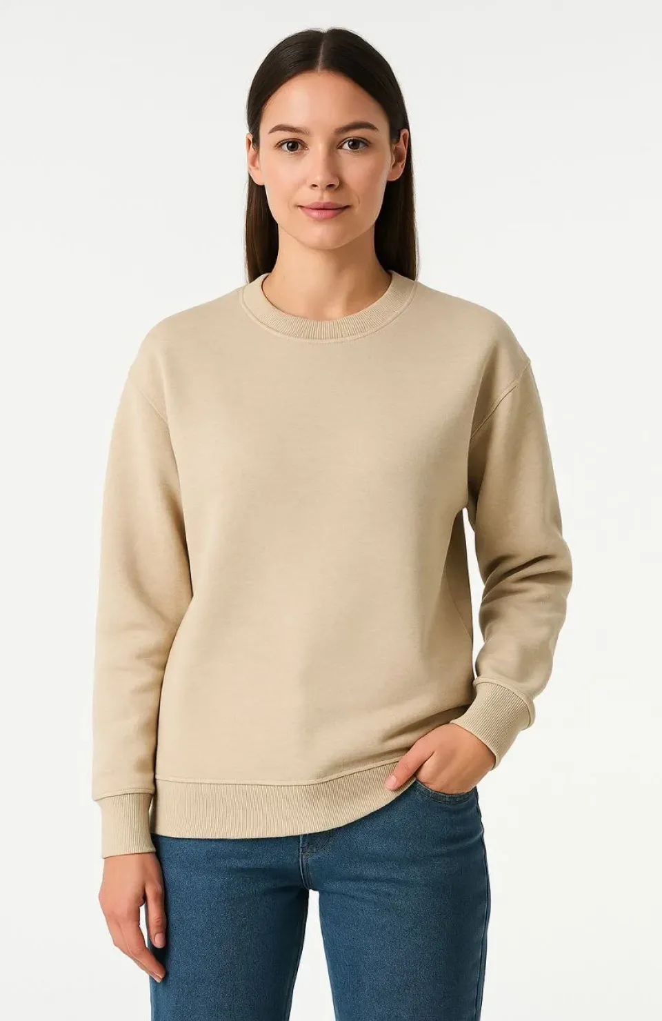 Kadın Üç İplik Düz Bisiklet Yaka SweatShirt - Bej