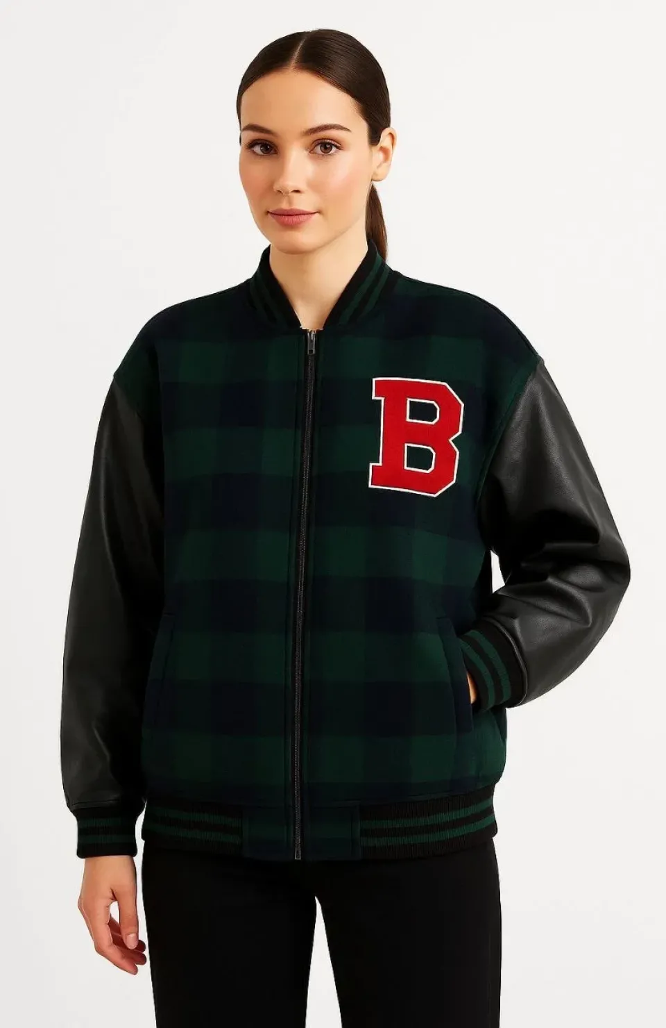 Kadın Kolej Ceket – Kareli Oduncu Kumaş, Kolları Suni Deri, Fermuarlı, İçi Kapitone Astarlı, Nakışlı Oversize Bahar & Kış Stil - Haki