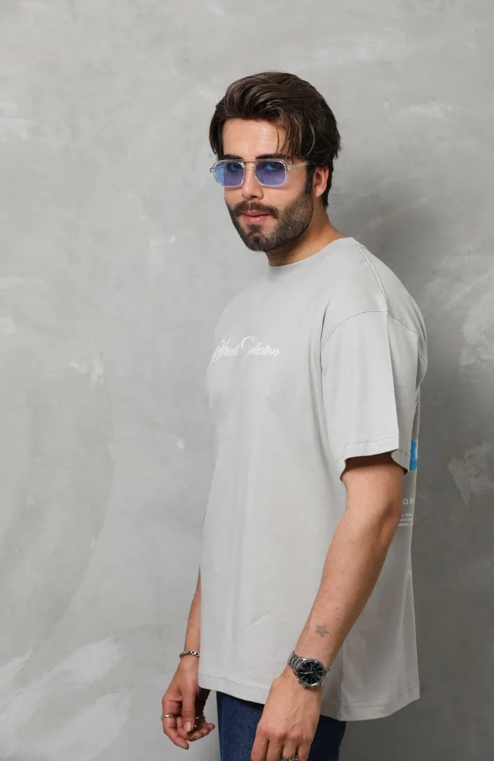 Unisex Bisiklet Yaka Baskılı Oversize T-Shirt - Gri Somersan Giyim | Kadın, Erkek ve Çocuk Moda