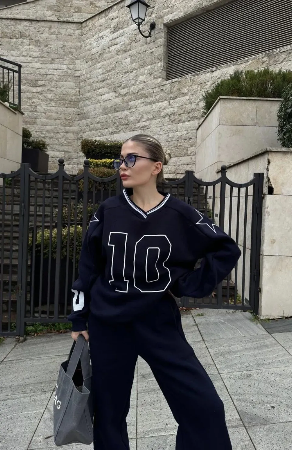 V Yaka Üç İplik Sweat Takım - Siyah