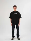 Unisex Bisiklet Yaka Baskılı Oversize T-Shirt - Siyah