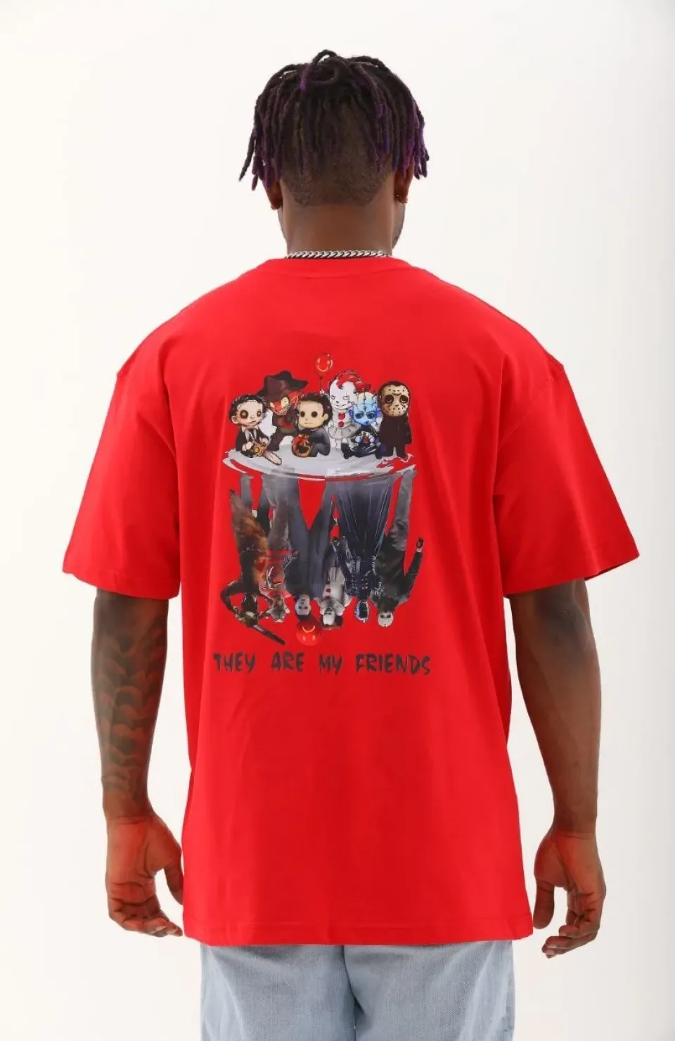 Unisex Oversize Baskılı Bisiklet Yaka T-Shirt - Kırmızı