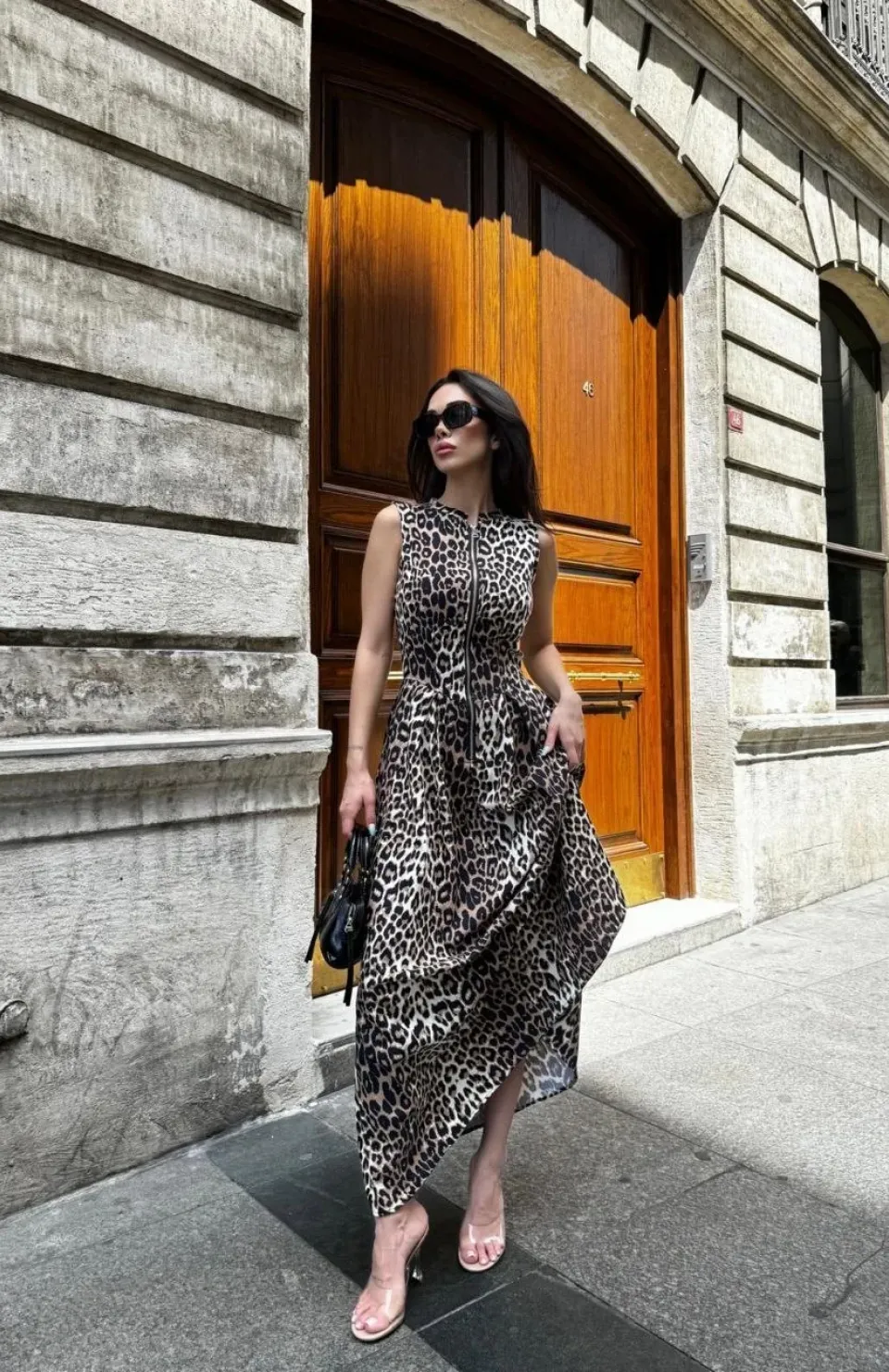 Leopar Desenli Fermuarlı Cepli Pileli Kadın Midi Elbise- Leopar