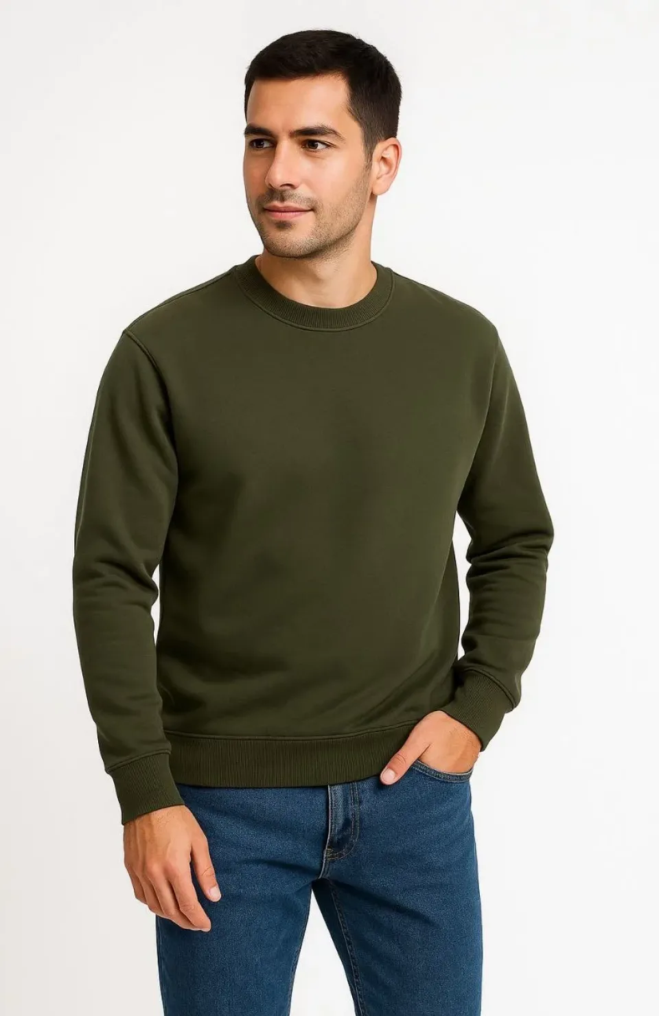 Erkek Üç İplik Düz Bisiklet Yaka SweatShirt - Haki