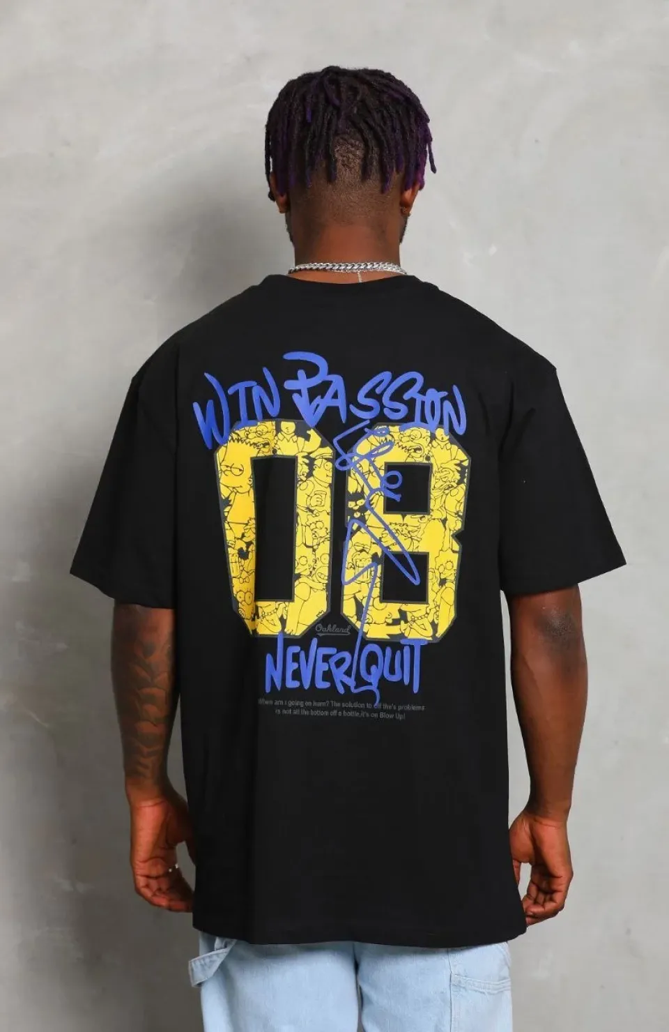 Unisex Oversize Baskılı Bisiklet Yaka T-Shirt - Siyah