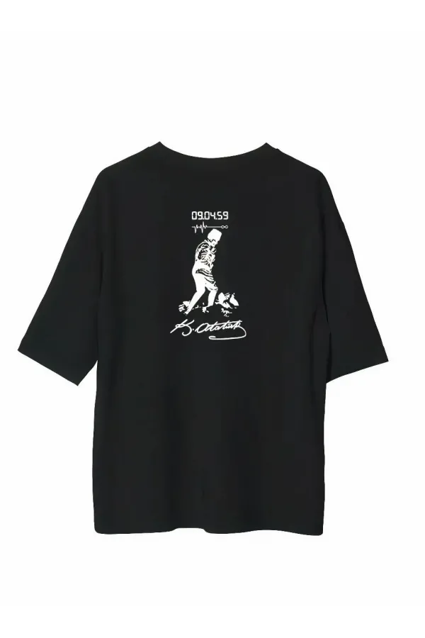 Unisex Bisiklet Yaka Baskılı Oversize T-Shirt - Siyah