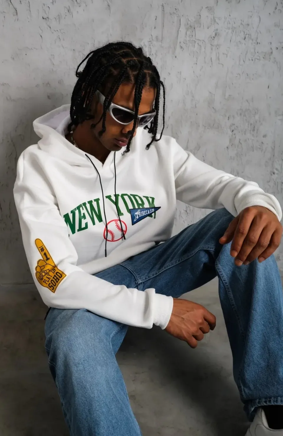 Erkek Baskılı Kapüşonlu Sweatshirt - Beyaz