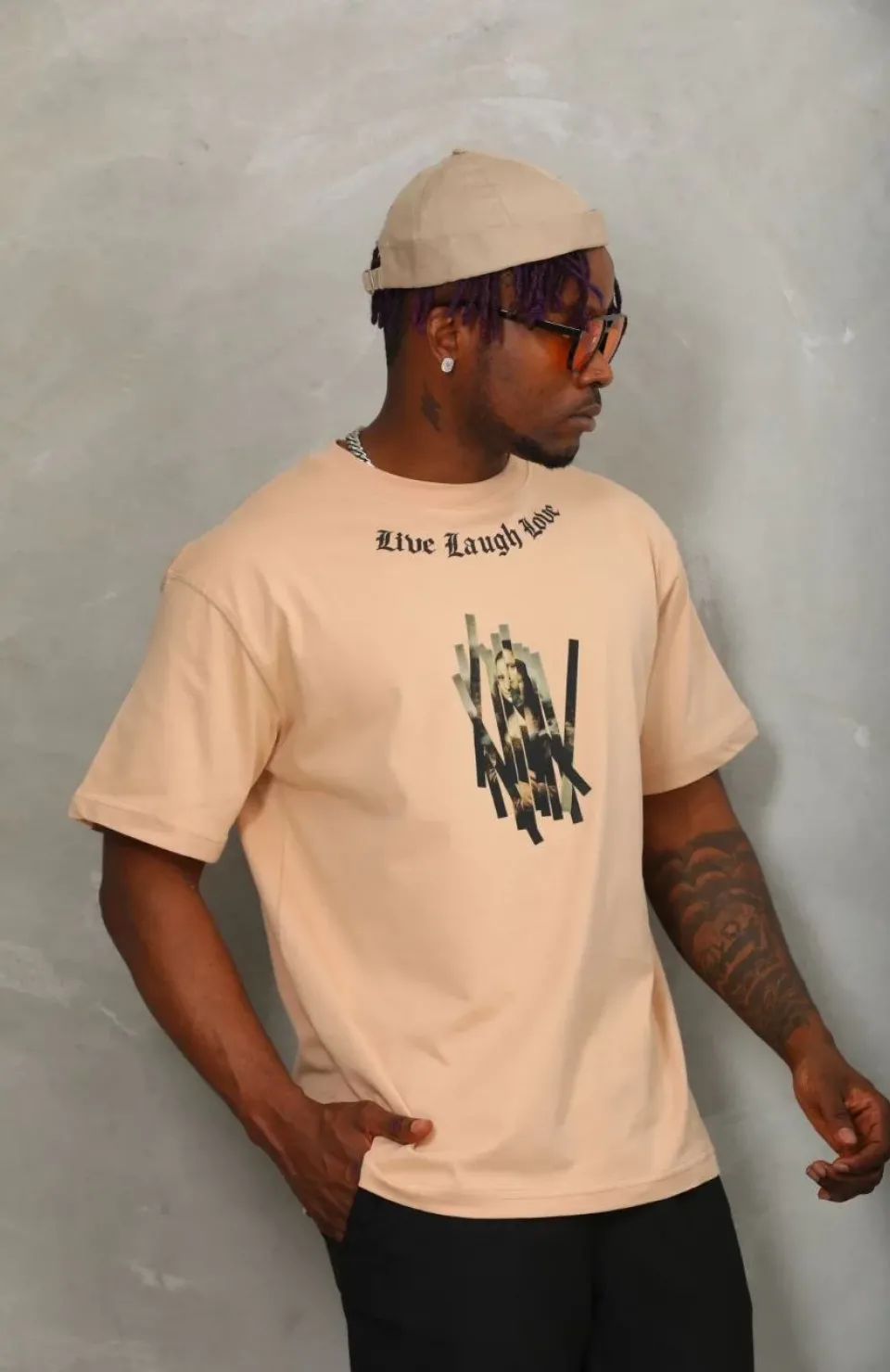 Unisex Oversize Baskılı Bisiklet Yaka T-Shirt - Bej