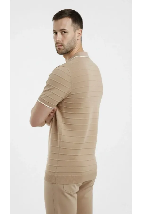 Erkek Triko Kumaş Yakalı Düğmesiz Açık Yaka Fitilli Kısa Kollu Regular Fit Tişört T-shirt - Bej