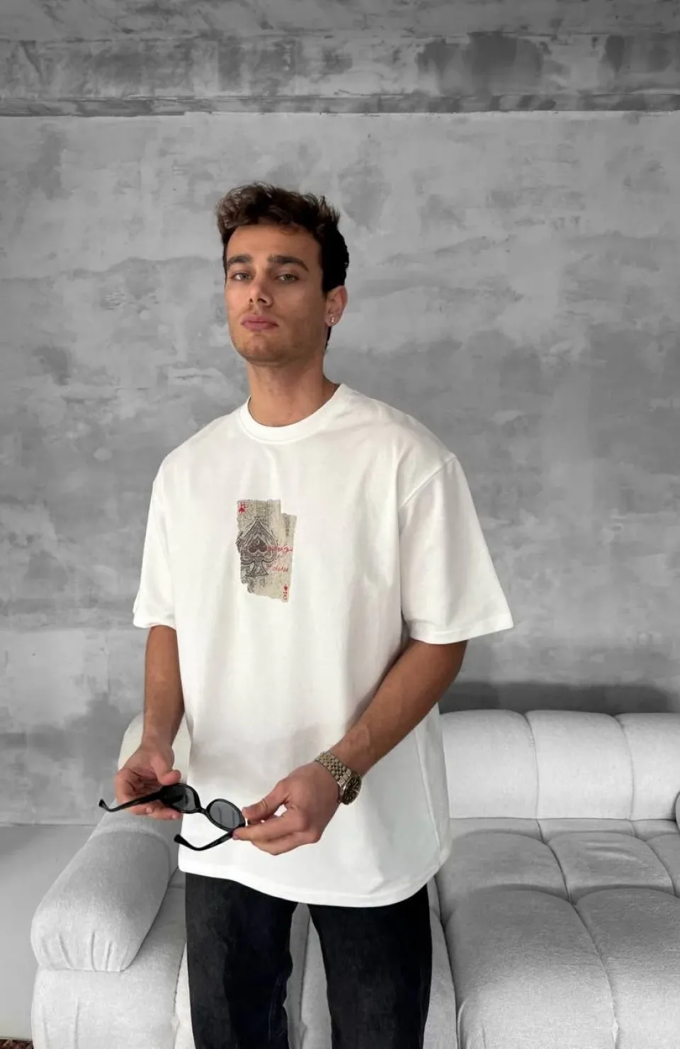 Ön ve Arka Baskılı Oversize Bisiklet Yaka T-shirt - Beyaz