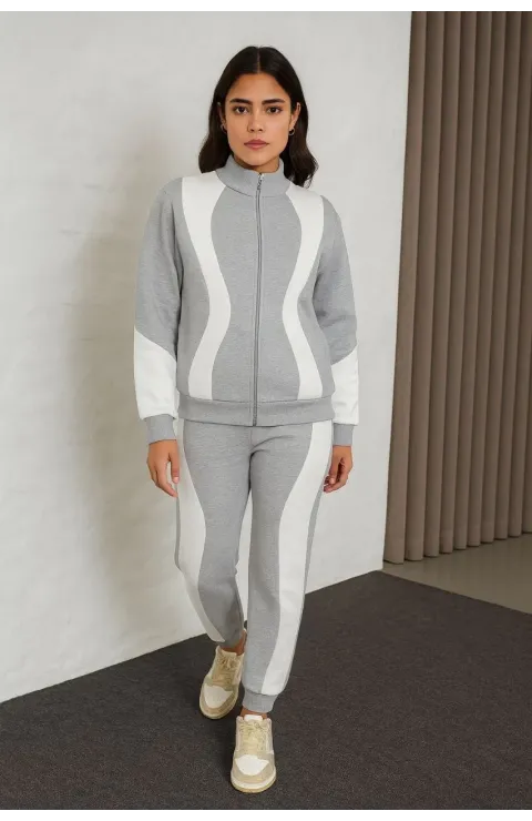 Kadın Premium Parçalı Eşofman Takım - Dik Yaka Fermuarlı Sweatshirt - Gri