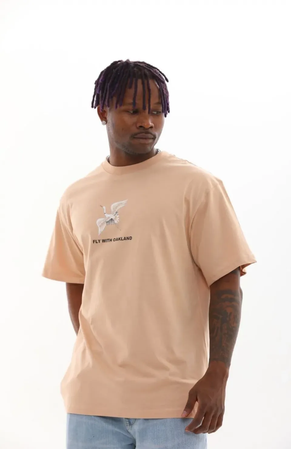 Unisex Baskılı Oversize T-Shirt - Bej