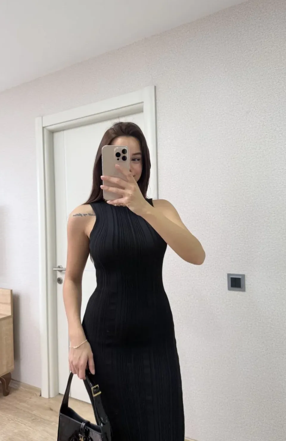 Fitilli Triko Elbise Kolsuz Sırtı Kapalı Maxi Uzun Boy - Siyah