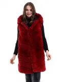 Kadın Kapşonlu Peluş Kürk Yelek Premium Kalite, Tam Astarlı, Uzun Model - Kırmızı