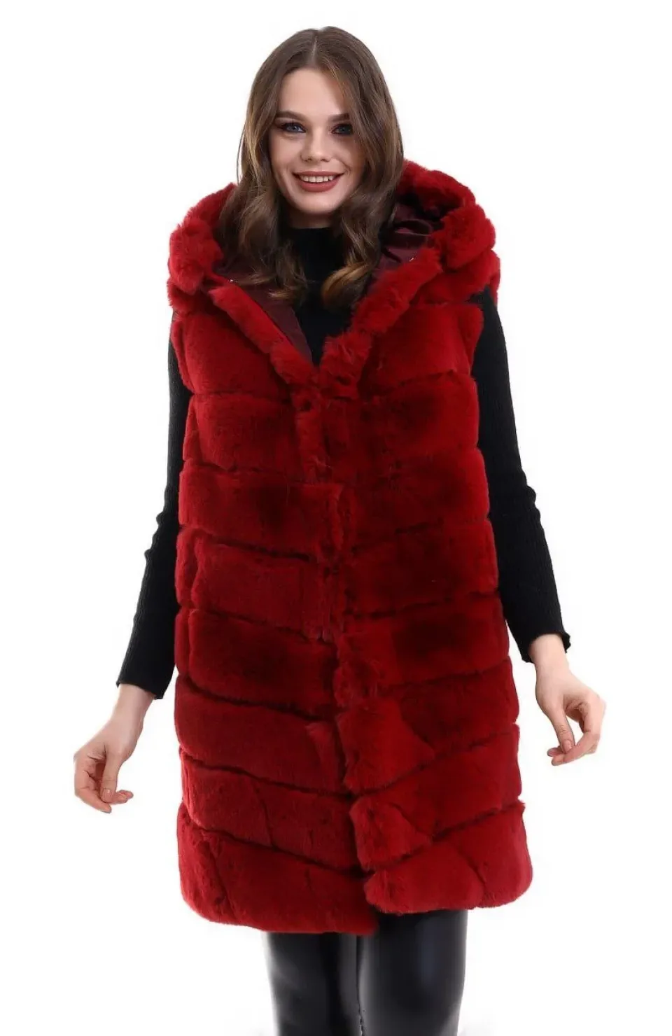 Kadın Kapşonlu Peluş Kürk Yelek Premium Kalite, Tam Astarlı, Uzun Model - Kırmızı
