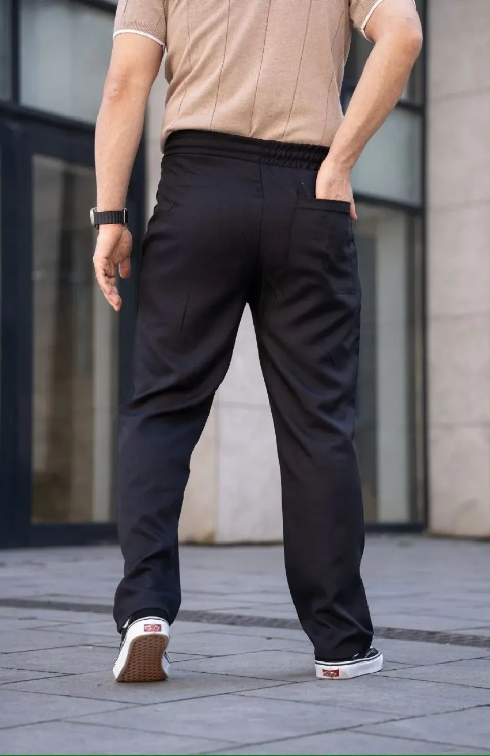 Erkek Keten Cepli Çıma Dikişli jogger Buggy Pantalon Rahat kalıp - Siyah