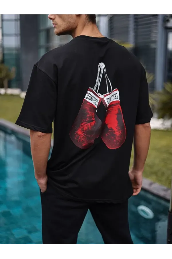 Unisex Bisiklet Yaka Baskılı Oversize T-Shirt - Siyah