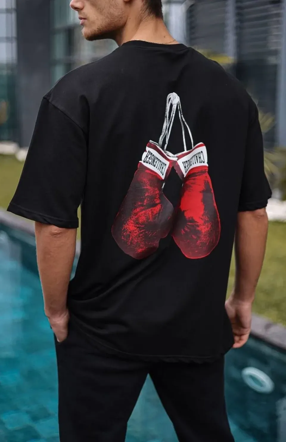 Unisex Bisiklet Yaka Baskılı Oversize T-Shirt - Siyah