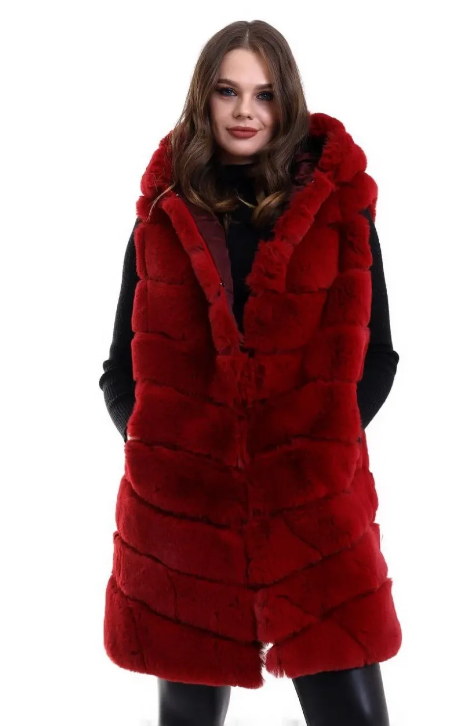 Kadın Kapşonlu Peluş Kürk Yelek Premium Kalite, Tam Astarlı, Uzun Model - Kırmızı