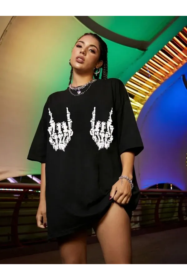 Kadın Baskılı Oversize T-shirt - Siyah