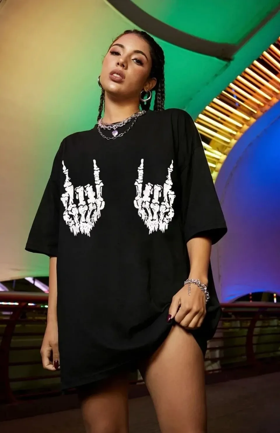 Kadın Baskılı Oversize T-shirt - Siyah