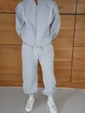 Erkek Premium Parçalı Eşofman Takım - Dik Yaka Fermuarlı Biyeli Sweatshirt Lastik Paça Alt, Oversize 3 iplik Şardonlu - Gri