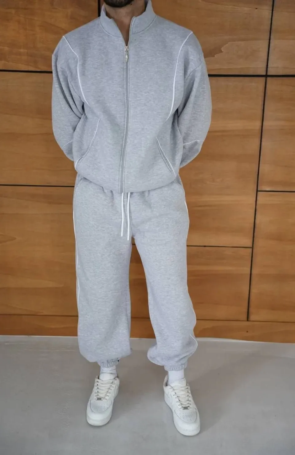 Erkek Premium Parçalı Eşofman Takım - Dik Yaka Fermuarlı Biyeli Sweatshirt Lastik Paça Alt, Oversize 3 iplik Şardonlu - Gri